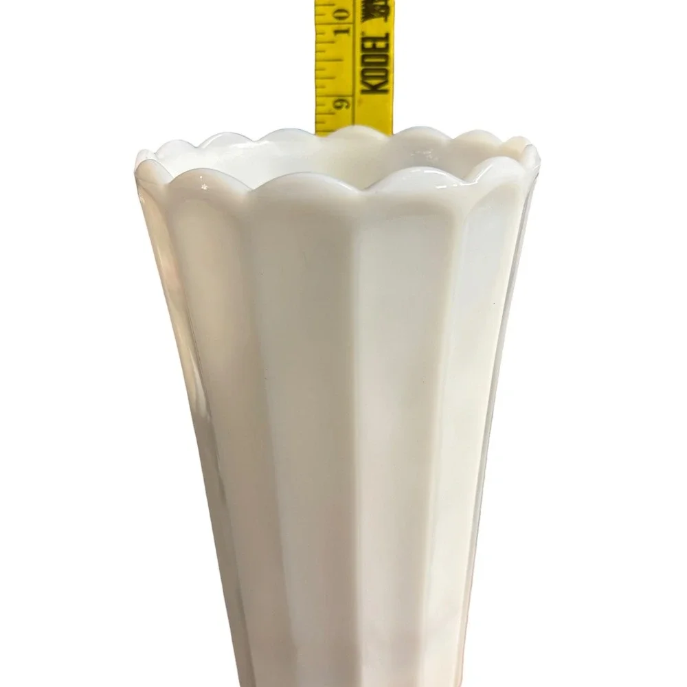 Vintage White Milk Glass Paneled Scalloped Rim Flower Vase 9 Inch Tapered Ribbed